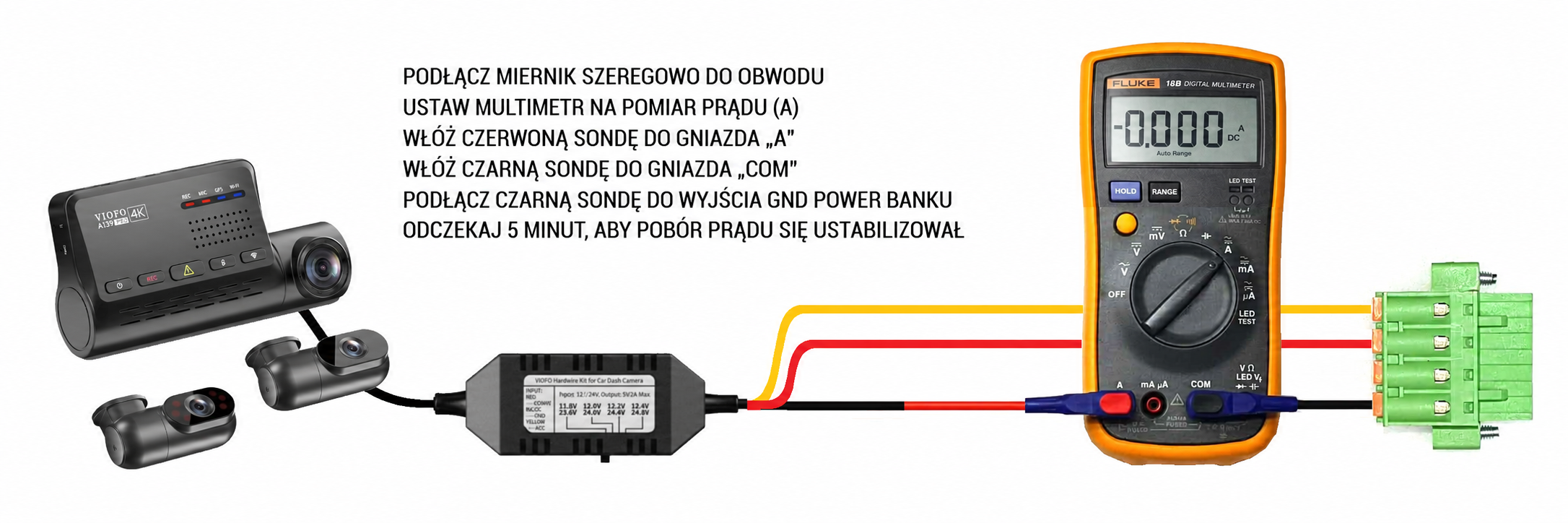 Guida alla misurazione dell’assorbimento di corrente con dash cam, kit hardwire, multimetro e schema di collegamento