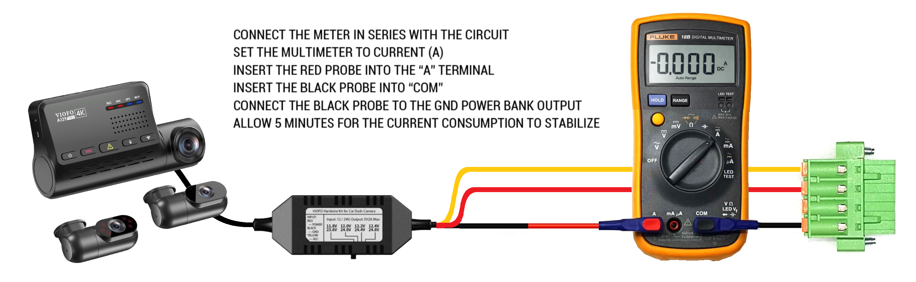 Current measurement guide showing dashcam, hardwire kit, multimeter and connection instructions